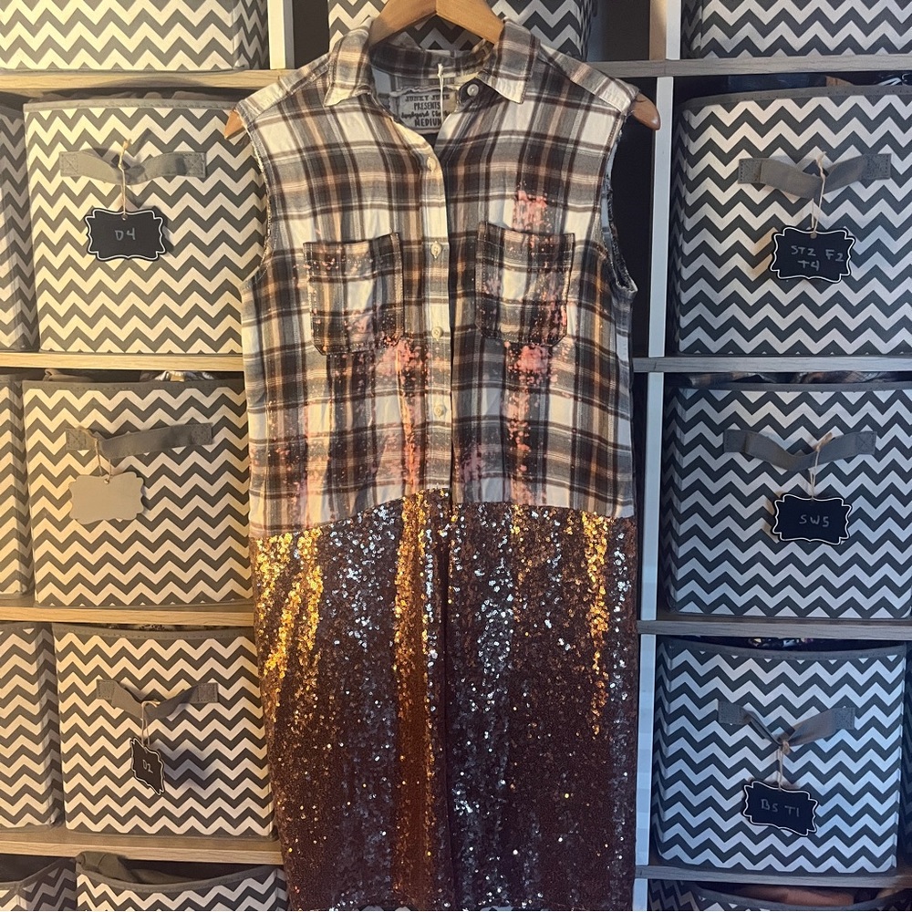 Pink and Black Plaid and Sequin Blouse